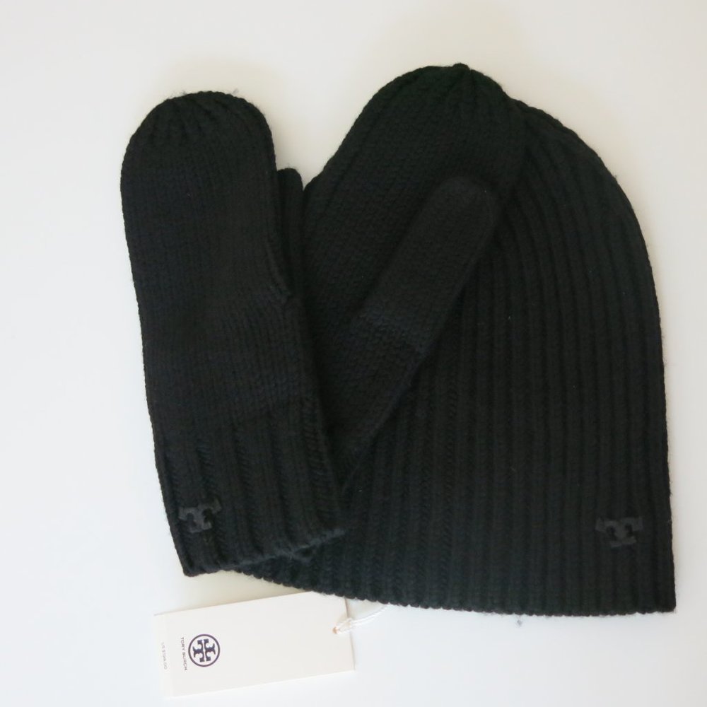 Tory Burch Black Merino Wool Mitten & Hat Gift Set Brand New